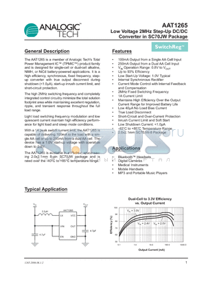 AAT1265 datasheet - Low Voltage 2MHz Step-Up DC/DC Converter in SC70JW Package