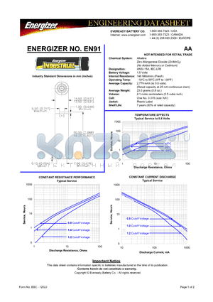 EN91 datasheet - 1.5 Volts 23.0 grams (0.8 oz.) 8.1 cubic centimeters (0.5 cubic inch)