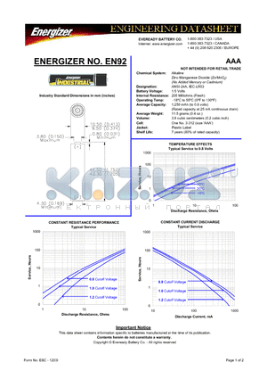 EN92 datasheet - AAA NOT INTENDED FOR RETAIL TRADE