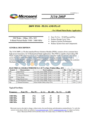 3134-200P datasheet - 200 Watts - 100ls, 10%, 36V S-Band Pulsed Radar 3100 - 3400 MHz