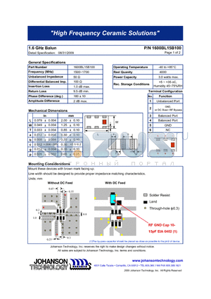 1600BL15B100 datasheet - 1.6 GHz Balun