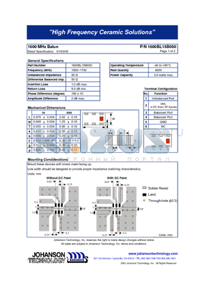 1600BL15B050 datasheet - 1600 MHz Balun