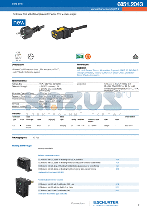 1601 datasheet - EU Power Cord with IEC Appliance Connector C19, V-Lock, straight