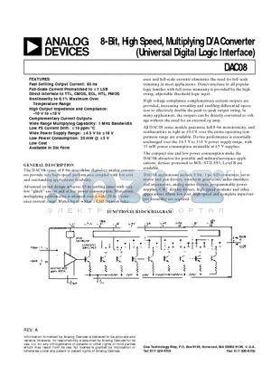 DAC08AQ datasheet - 8-Bit, High Speed, Multiplying D/A Converter (Universal Digital Logic Interface)