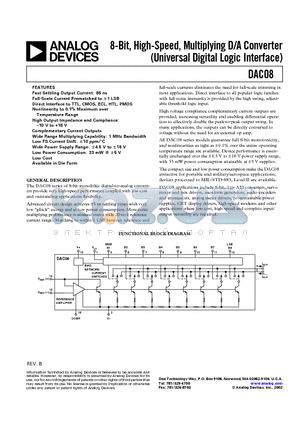 DAC08CP datasheet - 8-Bit, High-Speed, Multiplying D/A Converter (Universal Digital Logic Interface)