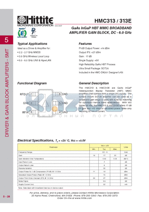 313E datasheet - GaAs InGaP HBT MMIC BROADBAND AMPLIFIER GAIN BLOCK, DC - 6.0 GHz