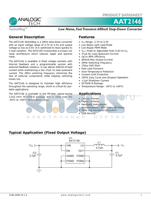 AAT2146 datasheet - Low Noise, Fast Transient 600mA Step-Down Converter