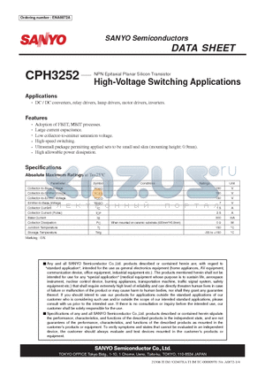 ENA0872A datasheet - NPN Epitaxial Planar Silicon Transistor High-Voltage Switching Applications