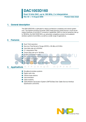 DAC1003D160 datasheet - Dual 10 bits DAC, up to 160 MHz, 2 x interpolation