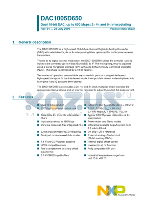 DAC1005D650HW/C1 datasheet - Dual 10-bit DAC, up to 650 Msps; 2d 4d and 8d interpolating