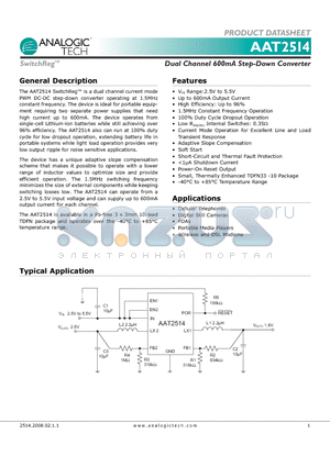 AAT2514IDE-AA-T1 datasheet - Dual Channel 600mA Step-Down Converter