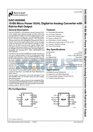 DAC102S085 datasheet - 10-Bit Micro Power DUAL Digital-to-Analog Converter with Rail-to-Rail Output