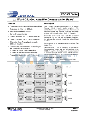 CDB35L00 datasheet - 2.7 W x 4 CS35L00 Amplifier Demonstration Board