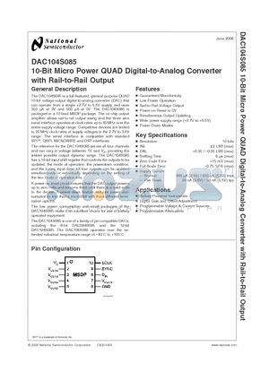 DAC104S085EVAL datasheet - 10-Bit Micro Power QUAD Digital-to-Analog Converter with Rail-to-Rail Output