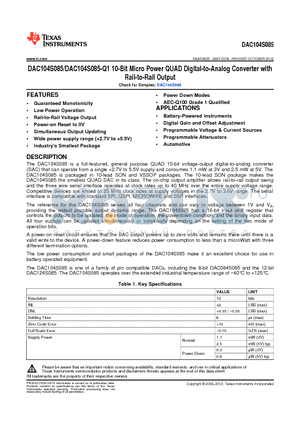 DAC104S085-Q1 datasheet - 10-Bit Micro Power QUAD Digital-to-Analog Converter with Rail-to-Rail Output