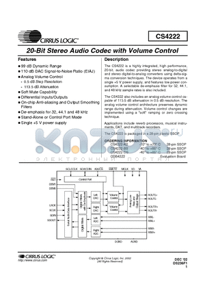 CDB4222 datasheet - 20-Bit Stereo Audio Codec with Volume Control