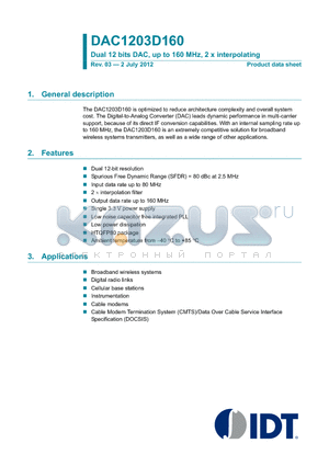 DAC1203D160 datasheet - Dual 12 bits DAC, up to 160 MHz, 2 x interpolating