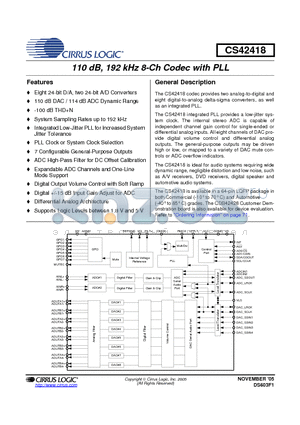 CDB42428 datasheet - 110 dB, 192 kHz 8-Ch Codec with PLL