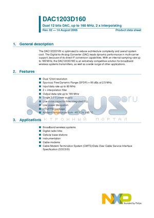 DAC1203D160HW datasheet - Dual 12 bits DAC, up to 160 MHz, 2 x interpolating