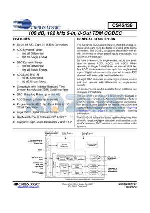 CDB42438 datasheet - 108 dB, 192 kHz 6-In, 8-Out TDM CODEC