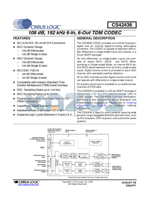 CDB42438 datasheet - 108 dB, 192 kHz 6-in, 6-out TDM CODEC