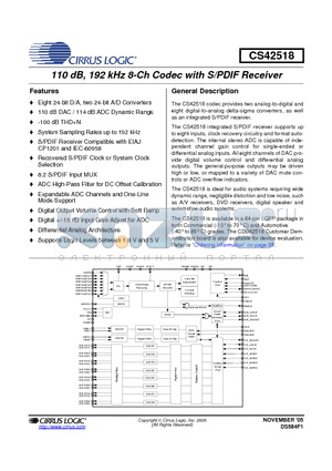 CDB42518 datasheet - 110 dB, 192 kHz 8-Ch Codec with S/PDIF Receiver