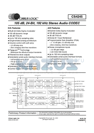 CDB4245 datasheet - 105 dB, 24-Bit, 192 kHz Streo Sudio CODEC
