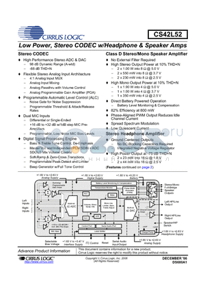 CDB42L52 datasheet - Low Power, Stereo CODEC w/Headphone & Speaker Amps