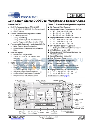 CDB42L52 datasheet - 2Low-power, Stereo CODEC w/ Headphone & Speaker Amps