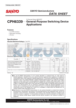 ENA1199 datasheet - P-Channel Silicon MOSFET General-Purpose Switching Device Applications