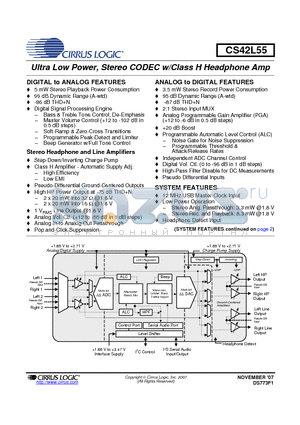 CDB42L55 datasheet - Ultra Low Power, Stereo CODEC w/Class H Headphone Amp