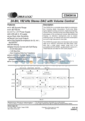 CDB4341A datasheet - 24-Bit, 192 kHz Stereo DAC with Volume Control