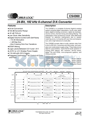 CDB4360 datasheet - 24-Bit, 192 kHz 6 Channel D/A Converter
