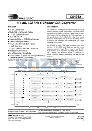 CDB4362 datasheet - 114 dB, 192 kHz 6-Channel D/A Converter