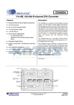 CDB4362A datasheet - 114 dB, 192 kHz 6-channel D/A Converter