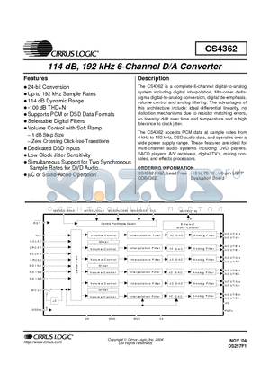 CDB4362 datasheet - 114 dB, 192 kHz 6-channel D/A Converter