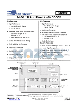 CDB4270 datasheet - 24-Bit, 192 kHz Stereo Audio CODEC