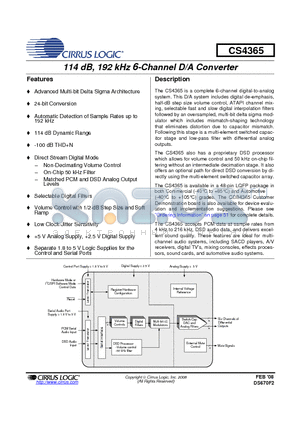 CDB4365 datasheet - 114 dB, 192 kHz 6-Channel D/A Converter