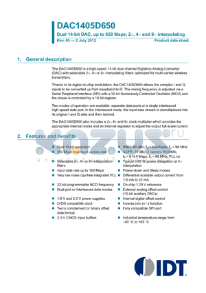 DAC1405D650 datasheet - Dual 14-bit DAC, up to 650 Msps; 2, 4 and 8 interpolating