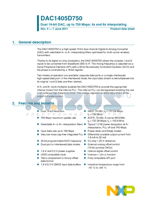 DAC1405D750 datasheet - Dual 14-bit DAC, up to 750 Msps; 4x and 8x interpolating