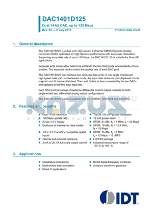 DAC1401D125HL datasheet - Dual 14-bit DAC, up to 125 Msps