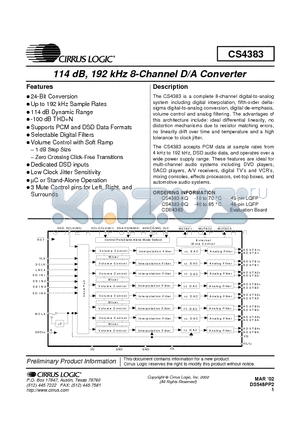CDB4383 datasheet - 114 dB, 192 kHz 8-Channel D/A Converter
