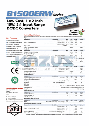 B1500ERW datasheet - Low Cost, 1 x 2 Inch 15W, 2:1 Input Range DC/DC Converters