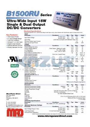 B1501RU datasheet - Ultra-Wide Input 15W Single & Dual Output DC/DC Converters