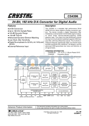CDB4396 datasheet - 24-Bit, 192 kHz D/A Converter for Digital Audio