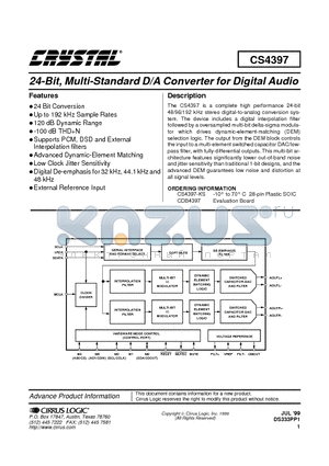 CDB4397 datasheet - 24-Bit, Multi-Standard  D/A Converter for Digital Audio