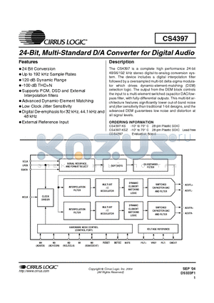 CDB4397 datasheet - 24-Bit, Multi-Standard D/A Converter for Digital Audio