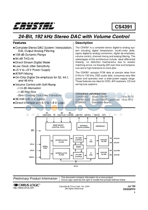 CDB4391 datasheet - 24-Bit, 192 kHz Stereo DAC with Volume Control