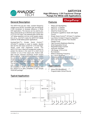 AAT3113ITP-20-T1 datasheet - High Efficiency 1.5X Fractional Charge Pumps For White LED Applications