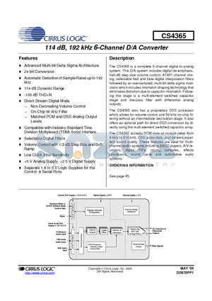 CDB4365 datasheet - 114 dB, 192 kHz 6-Channel D/A Converter